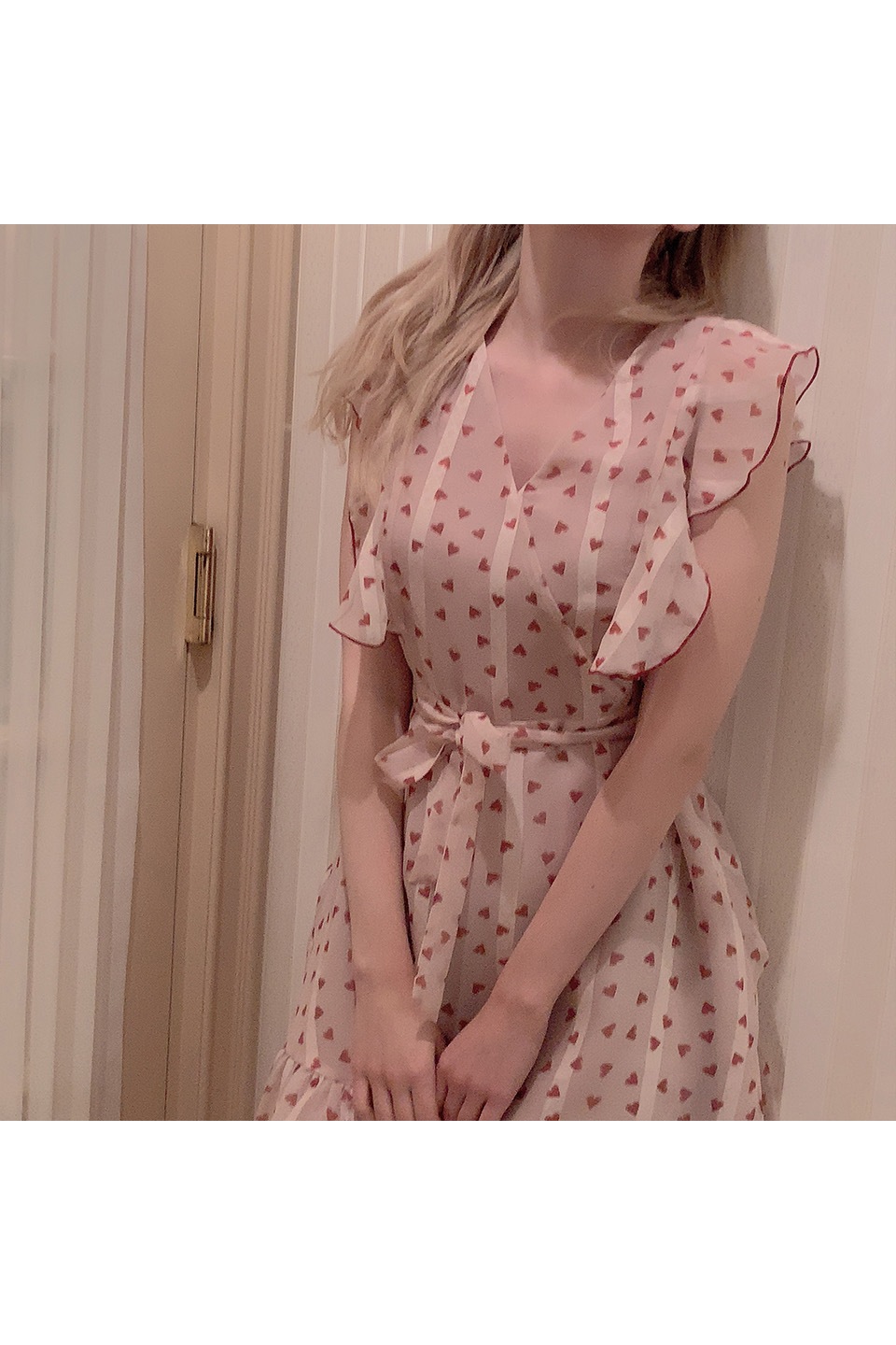 ハートプリントフリルハイウエストワンピース
