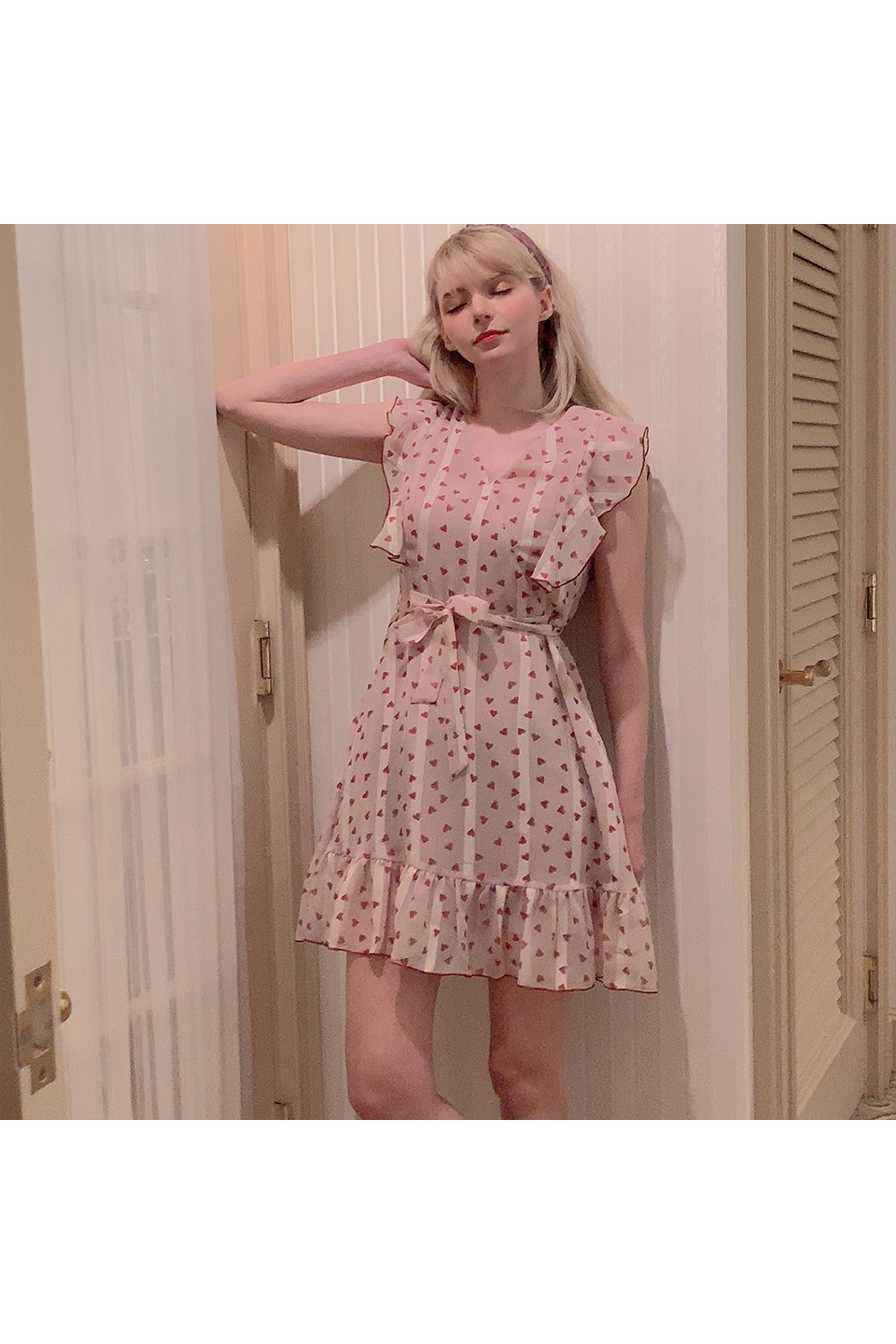 ハートプリントフリルハイウエストワンピース