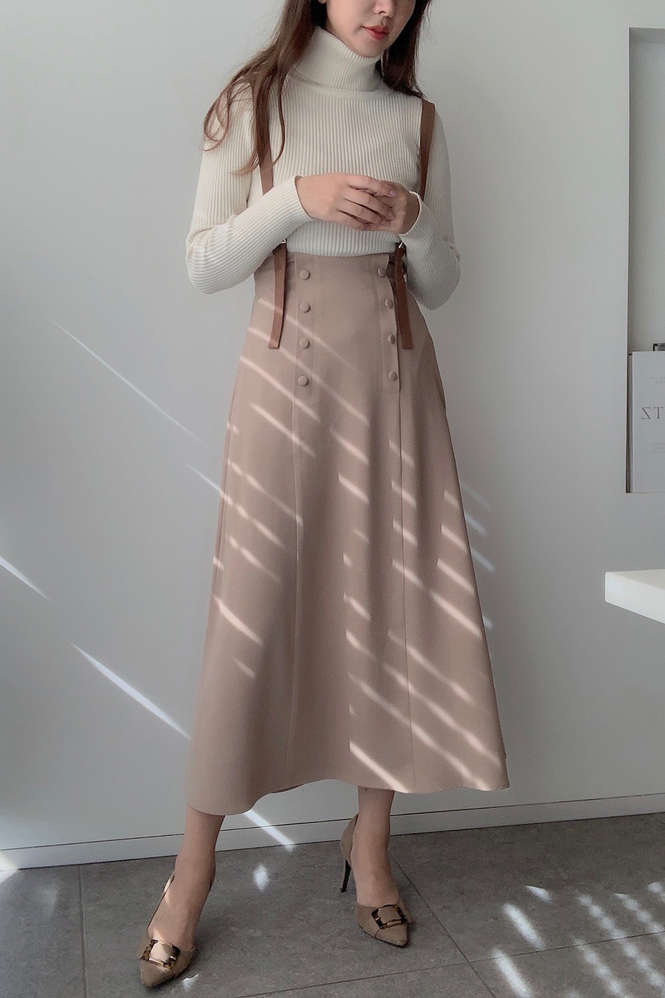 【予約販売】ボタン付きハイウエストサスペンダースカート