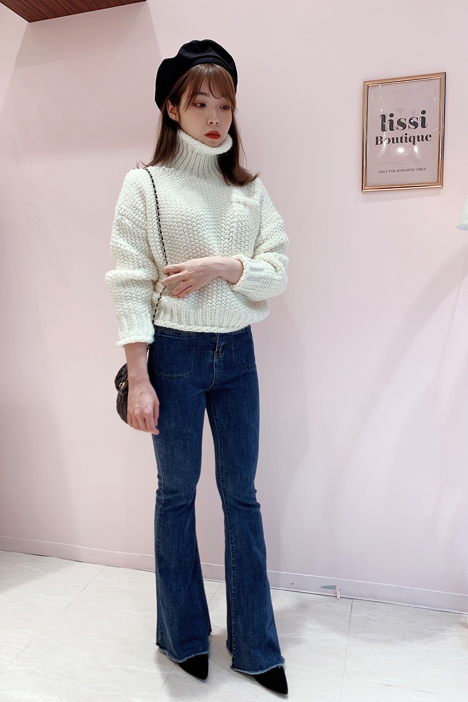 美脚ストレッチハイウェストフレアデニムパンツ