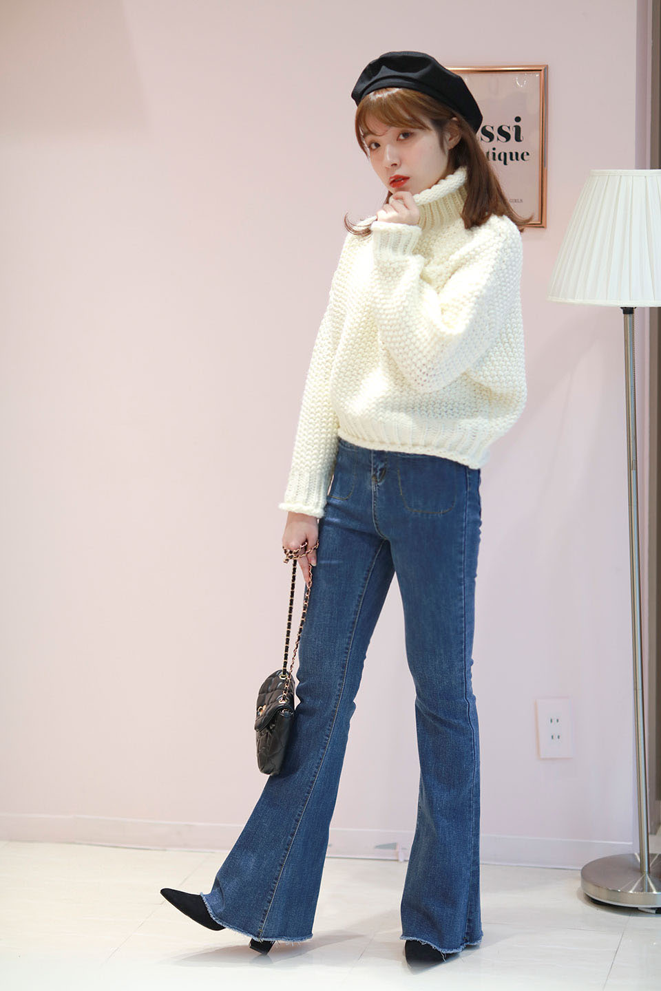 美脚ストレッチハイウェストフレアデニムパンツ
