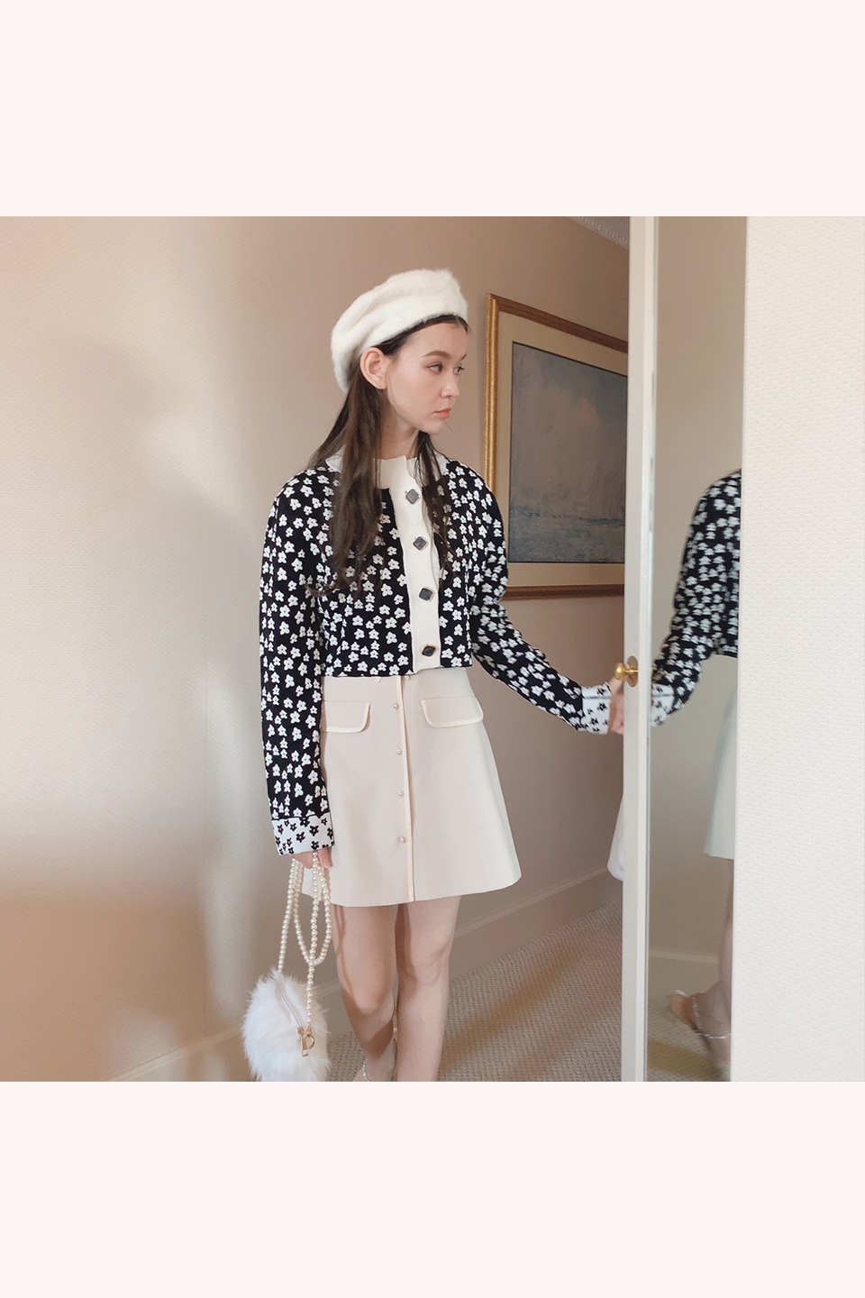 【予約販売】ヴィンテージボタン小花柄ショートニットカーディガン