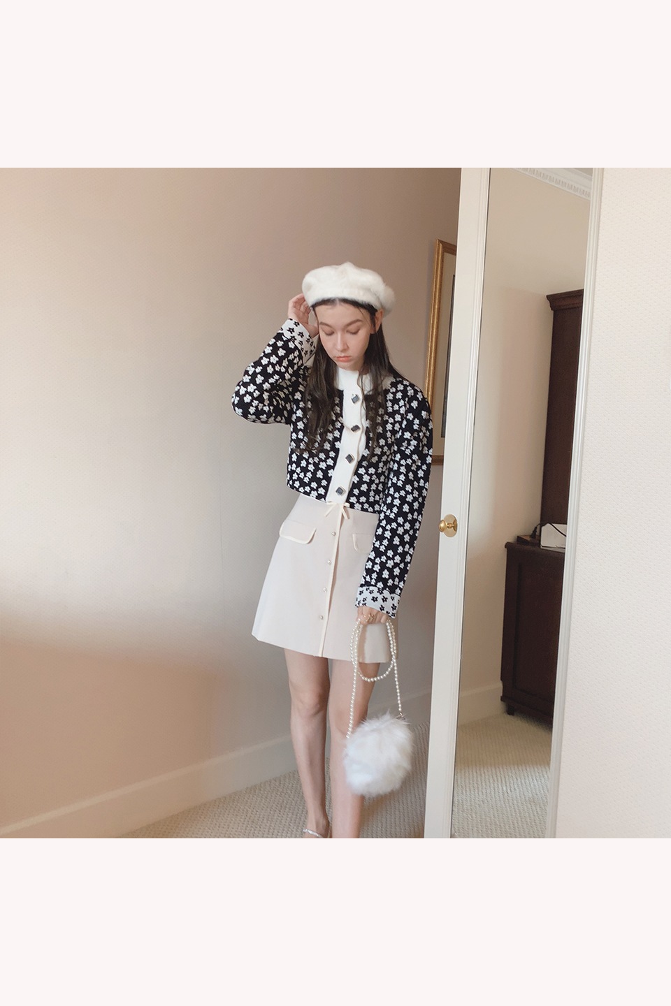 【予約販売】ヴィンテージボタン小花柄ショートニットカーディガン