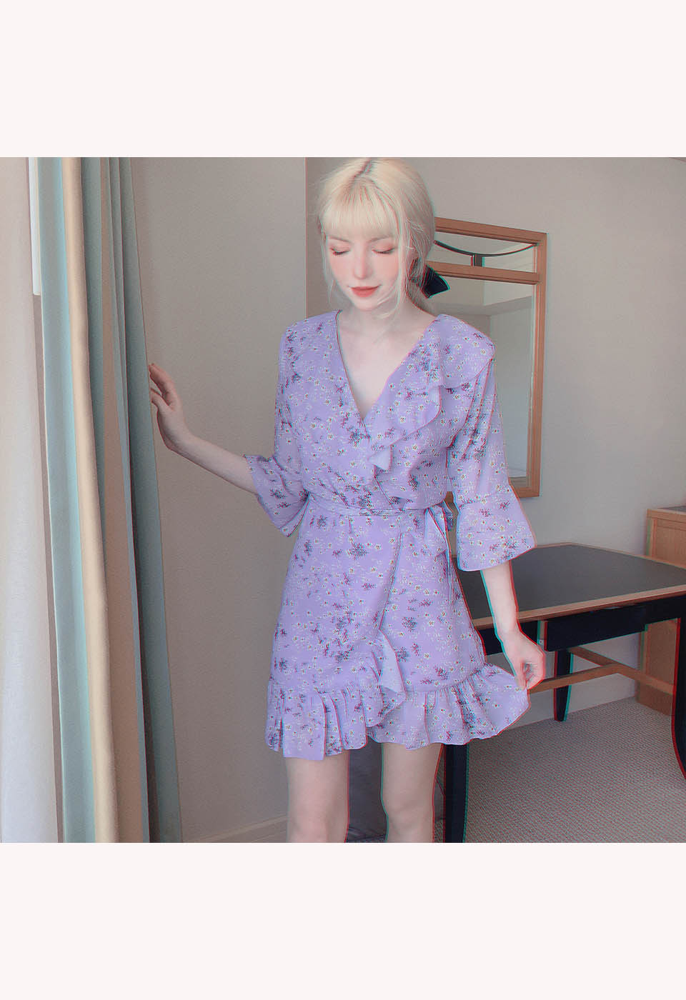 花柄フリルカシュクールワンピース