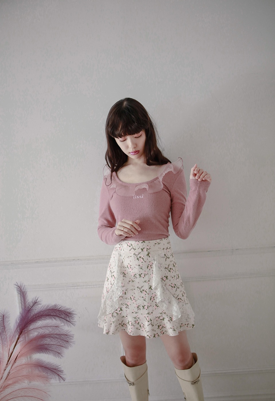 花柄レースフリルミニスカート