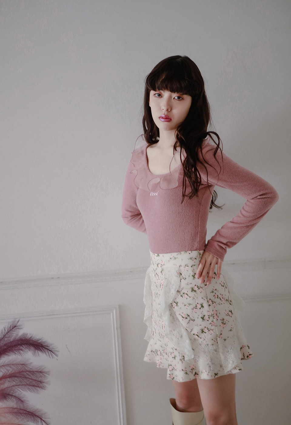 花柄レースフリルミニスカート