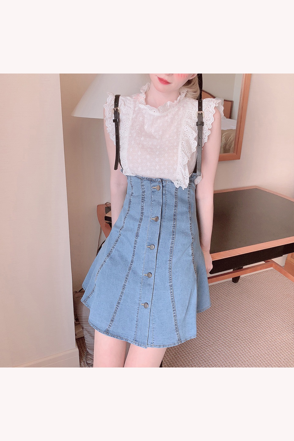 スカラップ刺繍レース フリルプチハイノースリーブブラウス