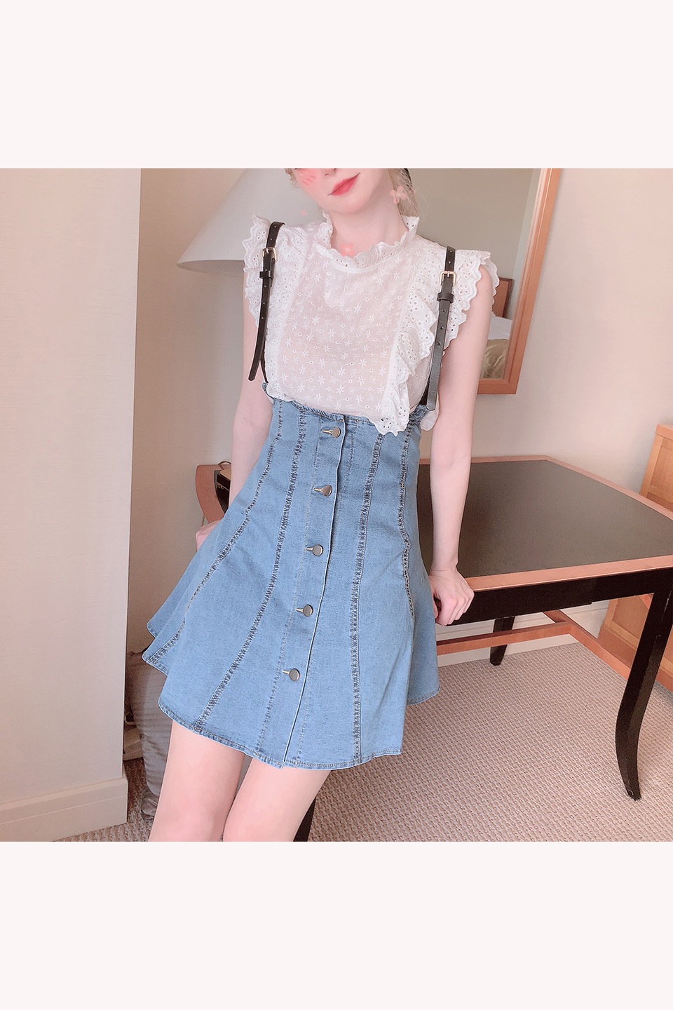 スカラップ刺繍レース フリルプチハイノースリーブブラウス