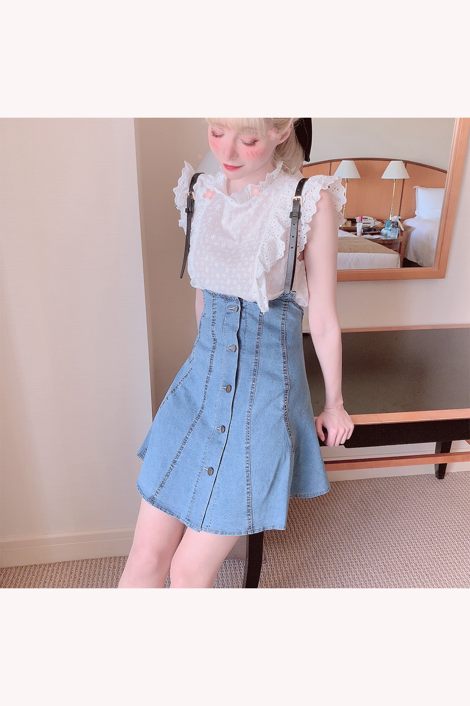 スカラップ刺繍レース フリルプチハイノースリーブブラウス