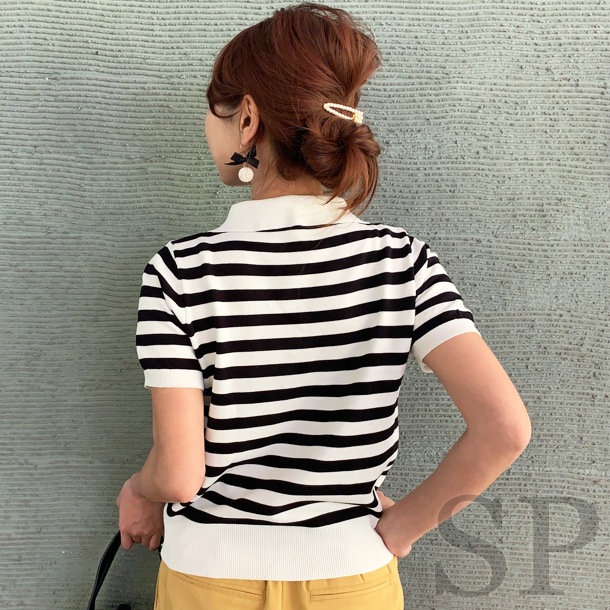 即納可 襟付き半袖ニットプルオーバー Tops Style Point 即納可 襟付き半袖ニットプルオーバー Tops Style Point