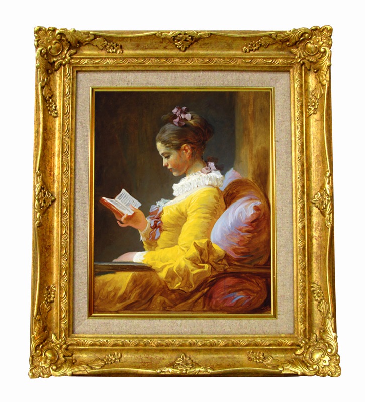 クレヨン画 フラゴナール Young Girl Reading ジクレーキャンバス複製画 額装品