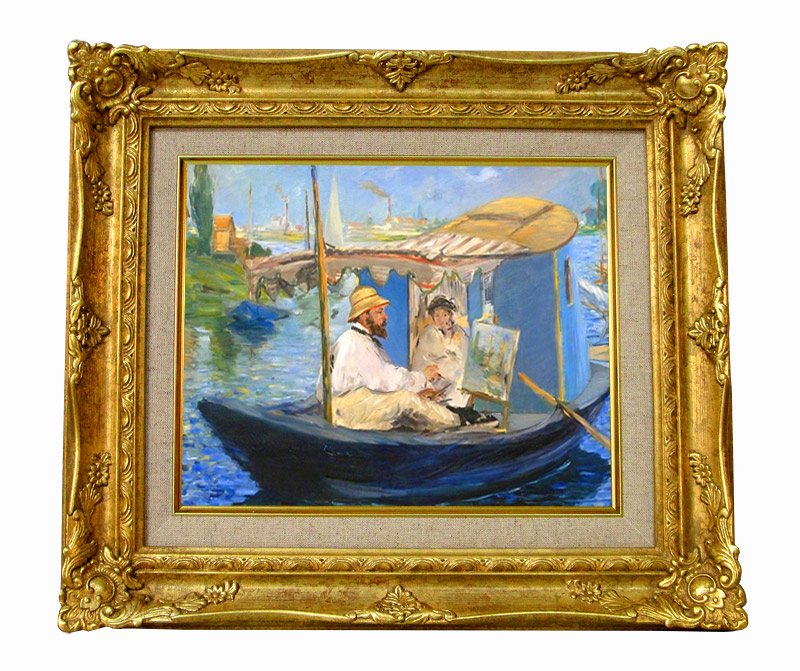 マネ 舟の中のアトリエで制作中のモネ ジクレーキャンバス複製画 額装品