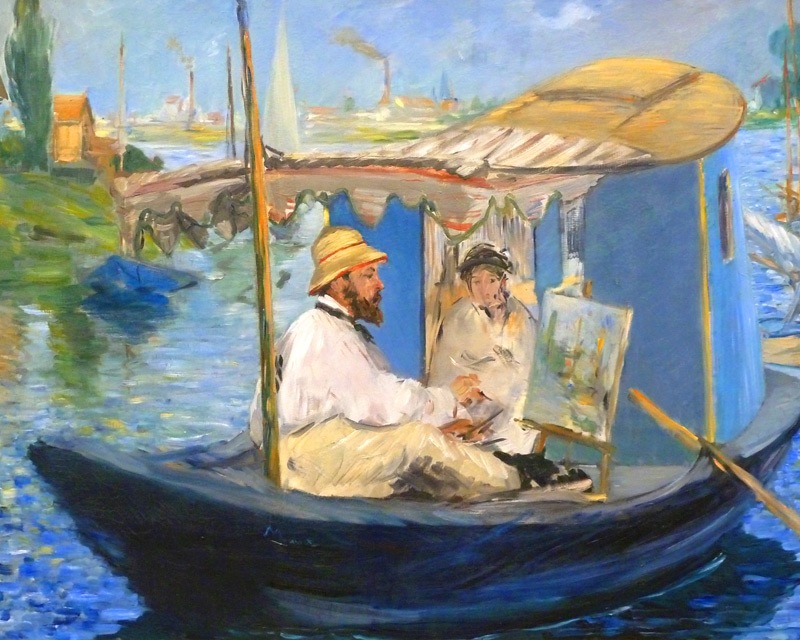 マネ 舟の中のアトリエで制作中のモネ ジクレーキャンバス複製画 額装品