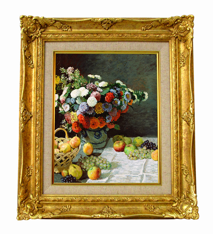 モネ 花と果物のある静物 ジクレーキャンバス複製画 額装品