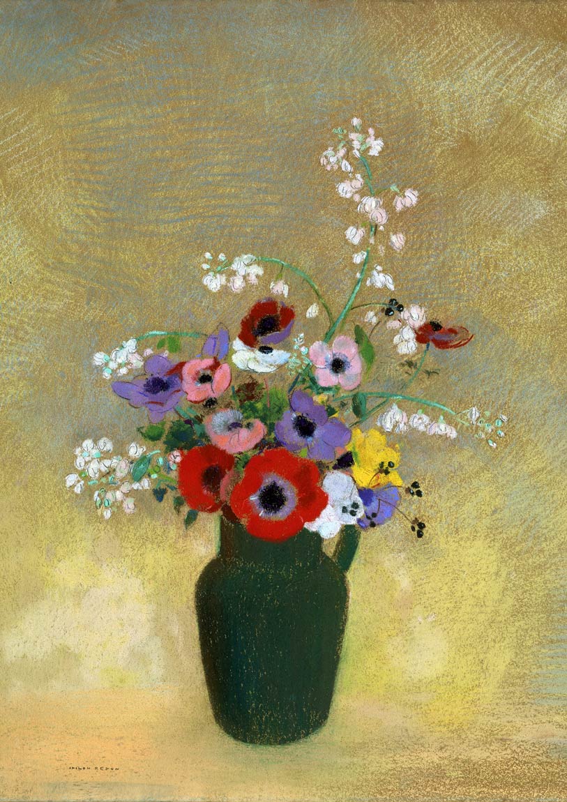 ルドン Large Green Vase with Mixed Flowers ジクレーポスター