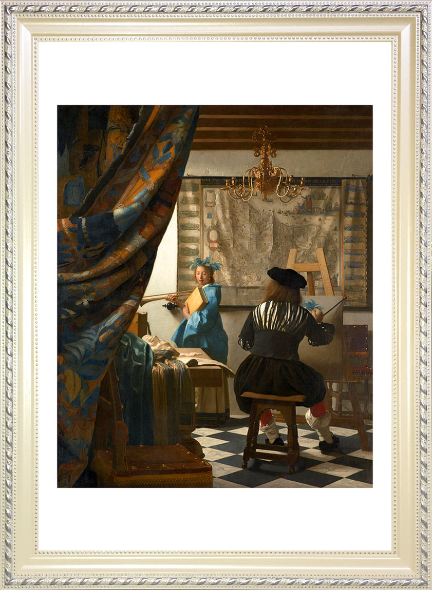 ヨハネス・フェルメール、「絵画芸術」、希少な画集の額装画 ヨハネス・フェルメール、「絵画芸術」、希少な画集の額装画