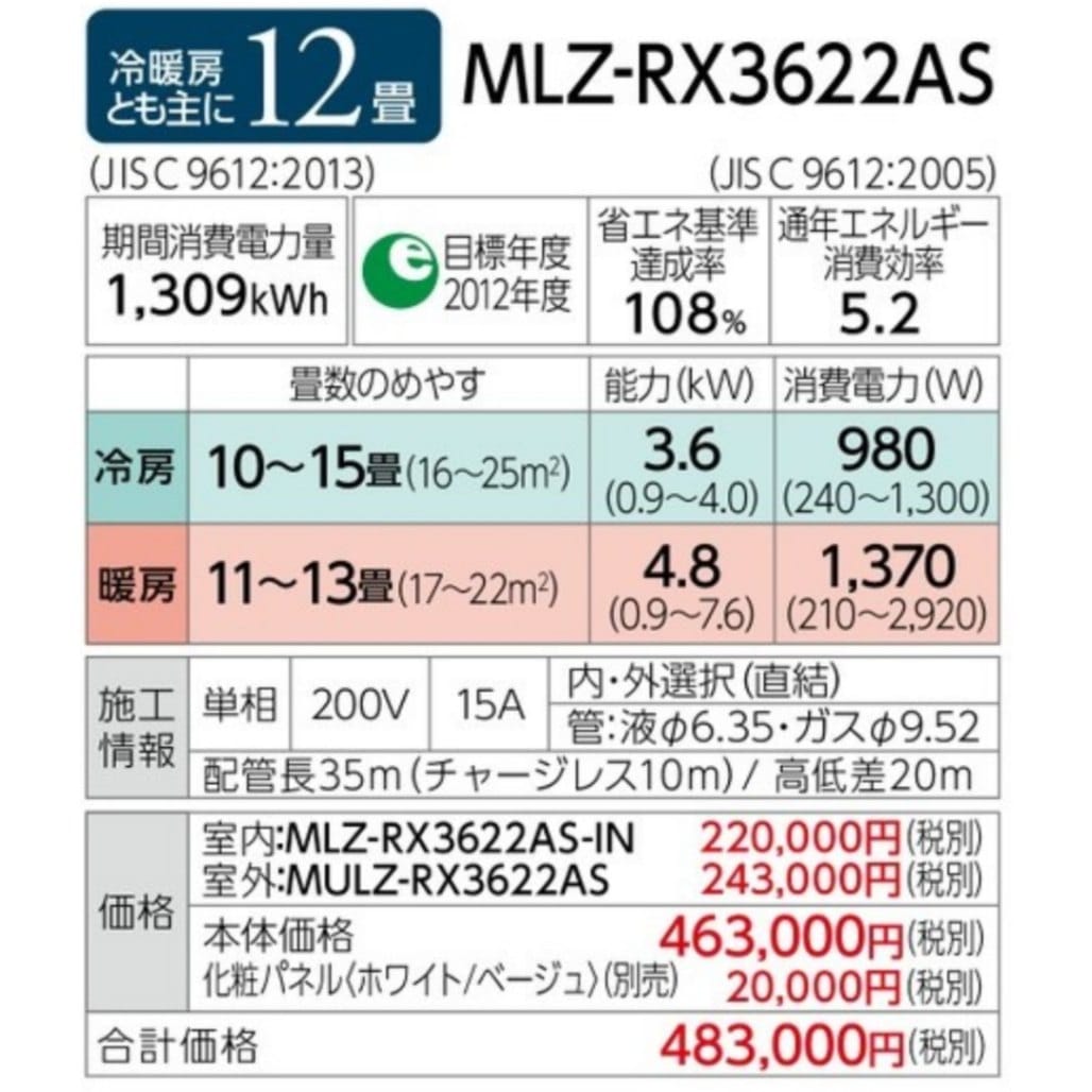 MLZ-RX3622AS※ 三菱電機ハウジングエアコン 室内機・室外機・パネル