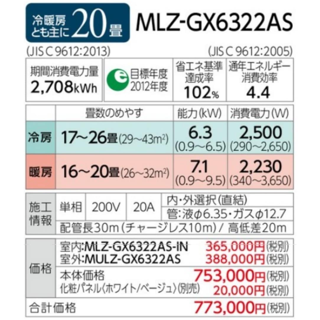 MLZ-GX6322AS※ 三菱電機ハウジングエアコン 室内機・室外機・パネル