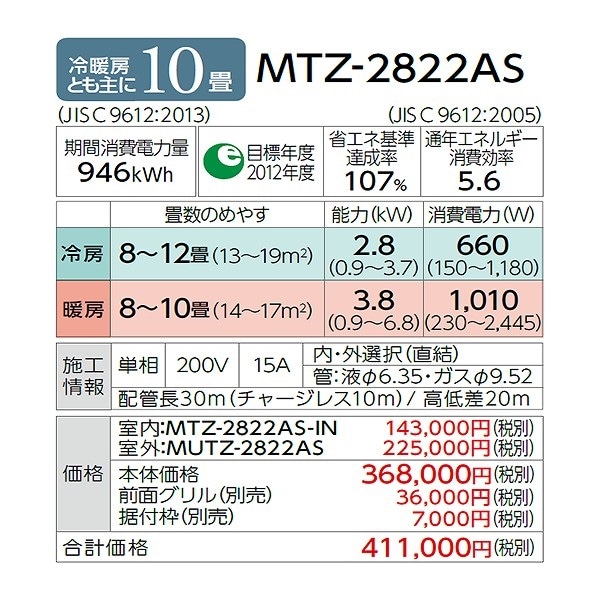 MTZ-2822AS ※ 三菱電機 霧ヶ峰 ハウジングエアコン 壁埋込形 10畳 室内