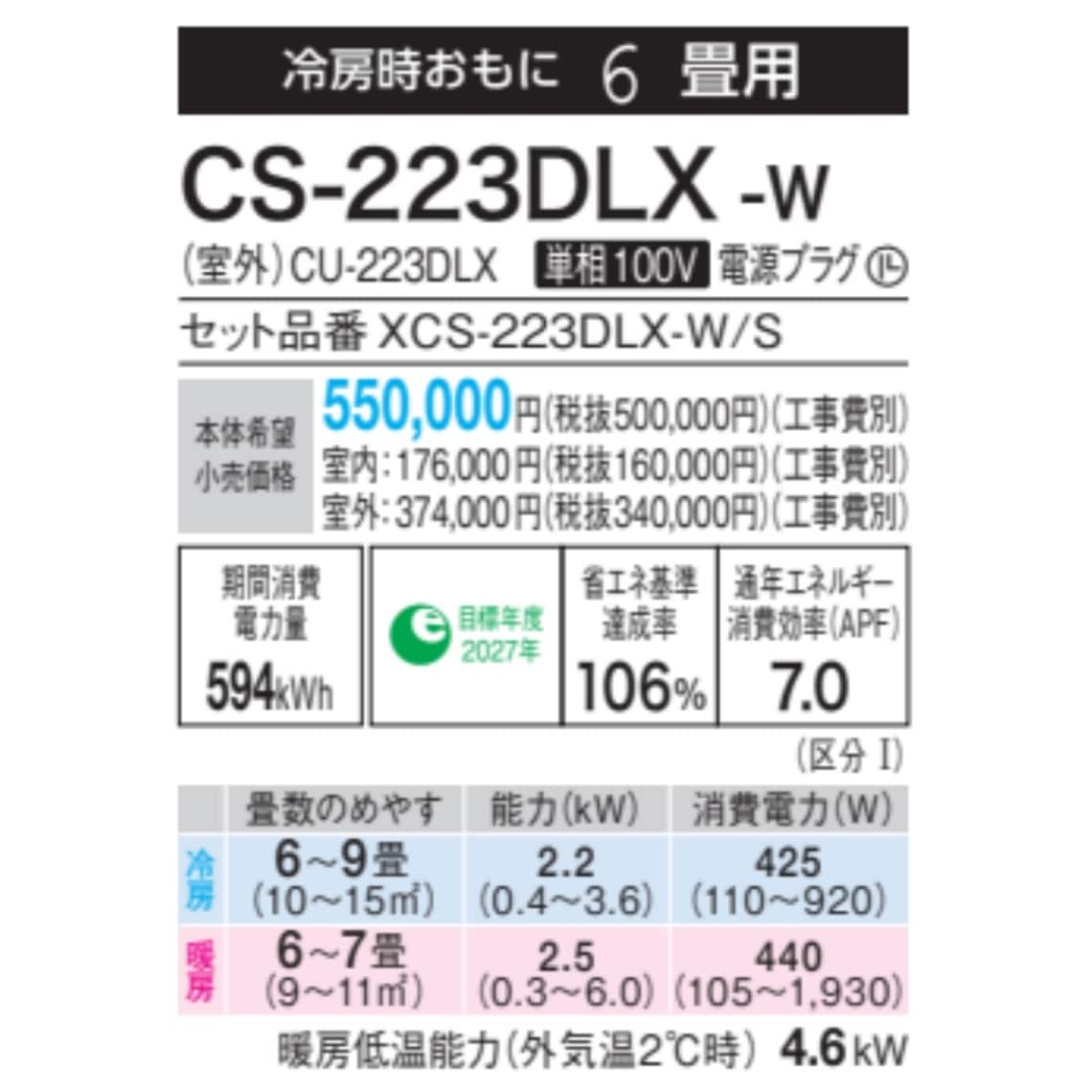 CS-223DLX-W ※LXシリーズ Eolia パナソニック エオリア ルームエアコン
