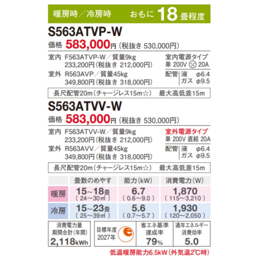 S563ATVP-W ※ ダイキン エアコン おもに18畳 VXシリーズ ホワイト