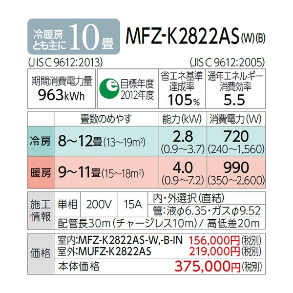 MFZ-K2822AS-B 三菱電機 ハウジングエアコン 霧ヶ峰 Kシリーズ 10畳 床
