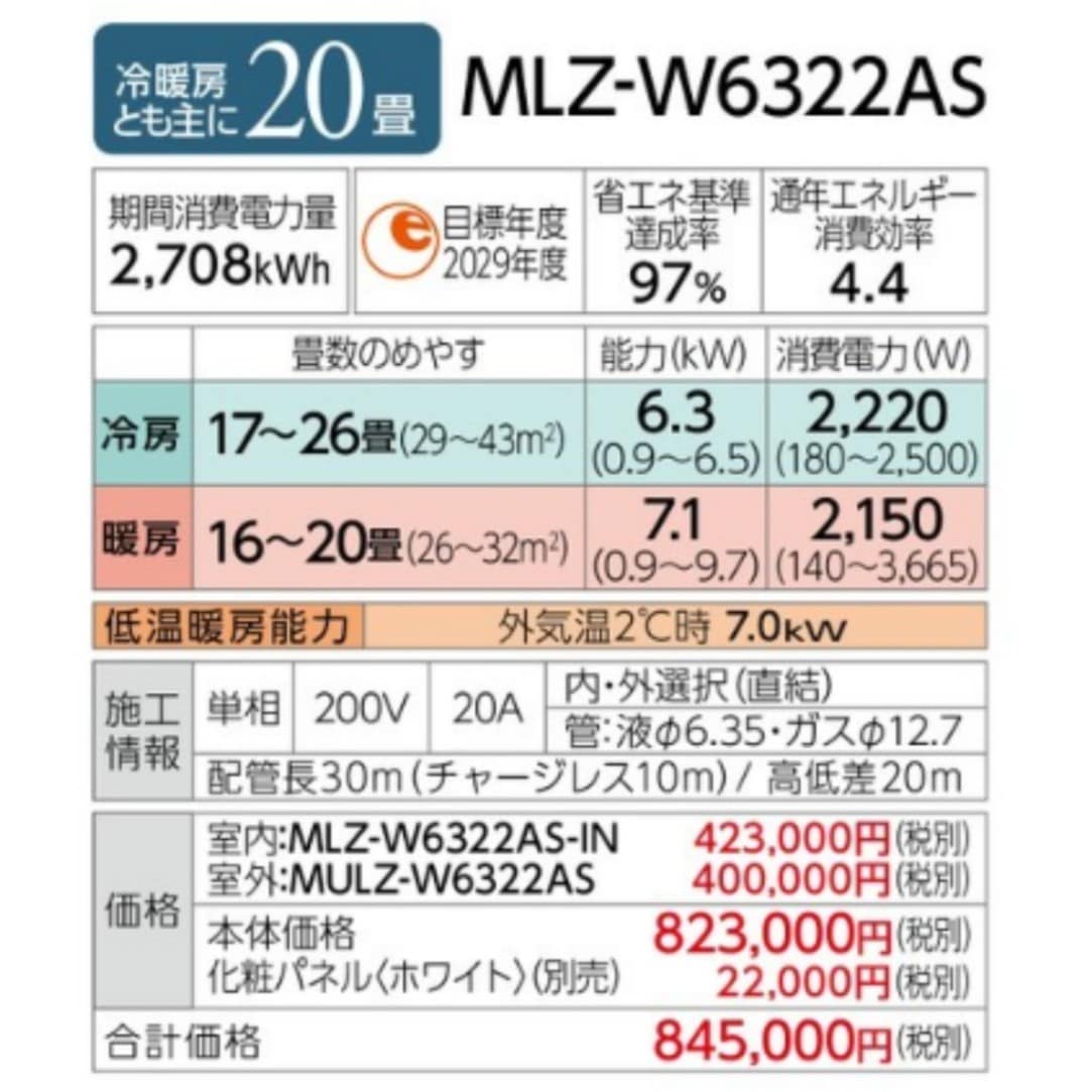 MLZ-W6322AS-W三菱電機 ハウジングエアコン 霧ヶ峰 Mシリーズ 20畳