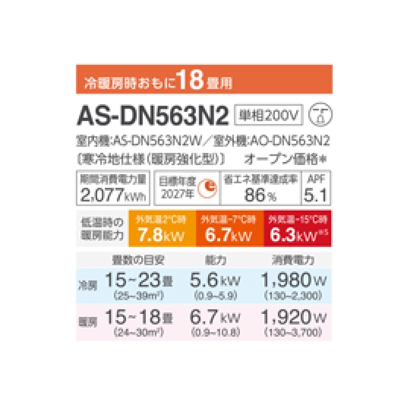 AS-DN563N2-W 富士通ゼネラル エアコン 主に18畳 DNシリーズ ゴク暖