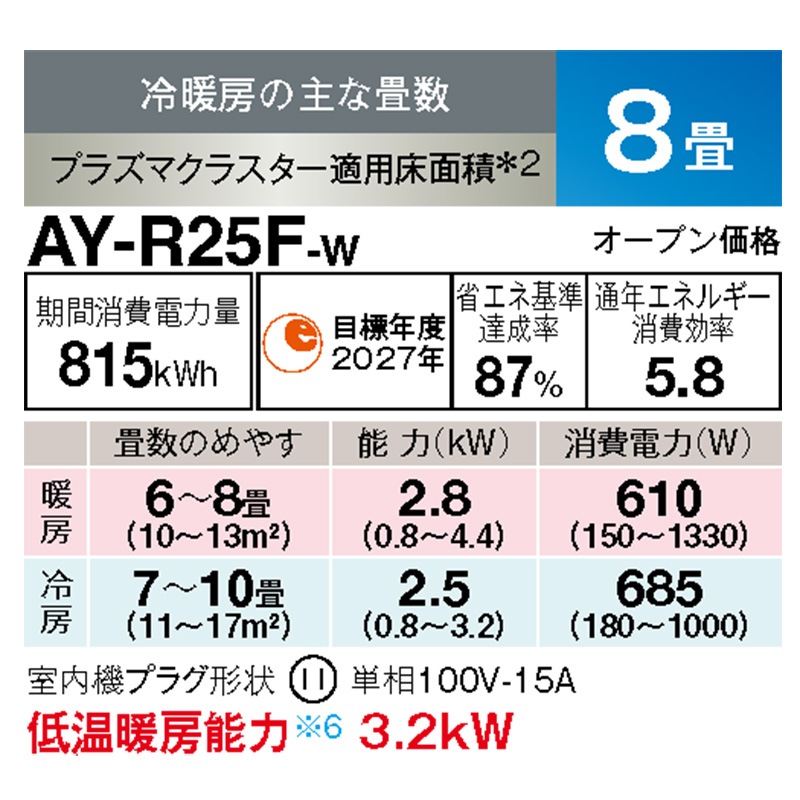 AY-R25F-W シャープ エアコン 主に8畳 R-Fシリーズ ホワイト ルーム