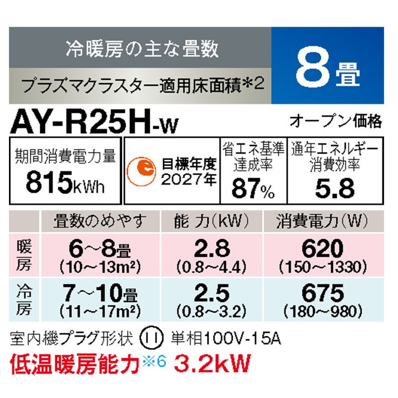 AY-R25H-W シャープ エアコン 主に8畳 R-Hシリーズ ホワイト ルーム