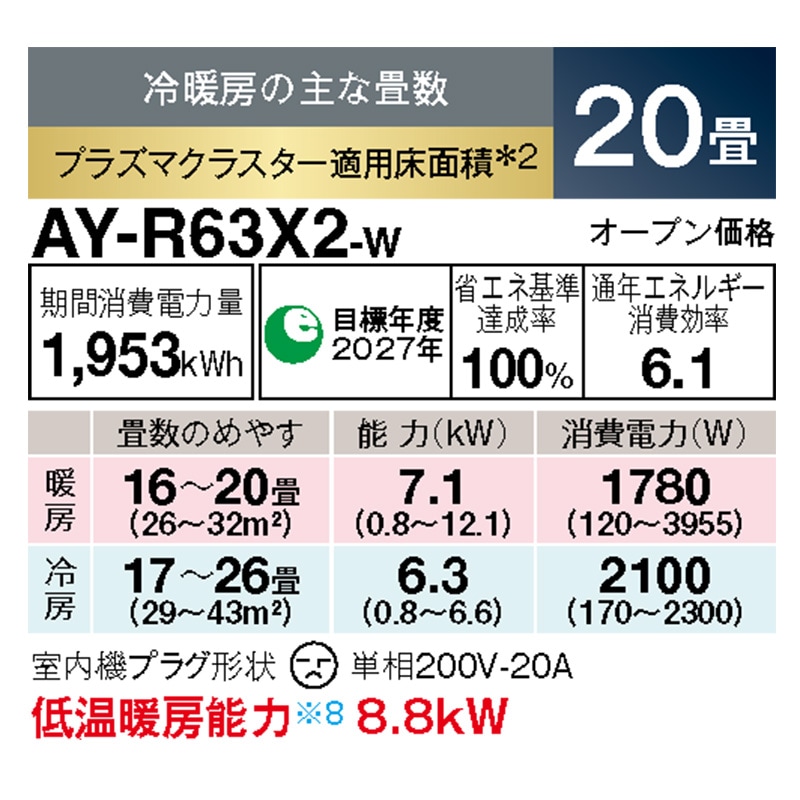 AY-R63X2-W シャープ エアコン 主に20畳 R-Xシリーズ ホワイト ルーム