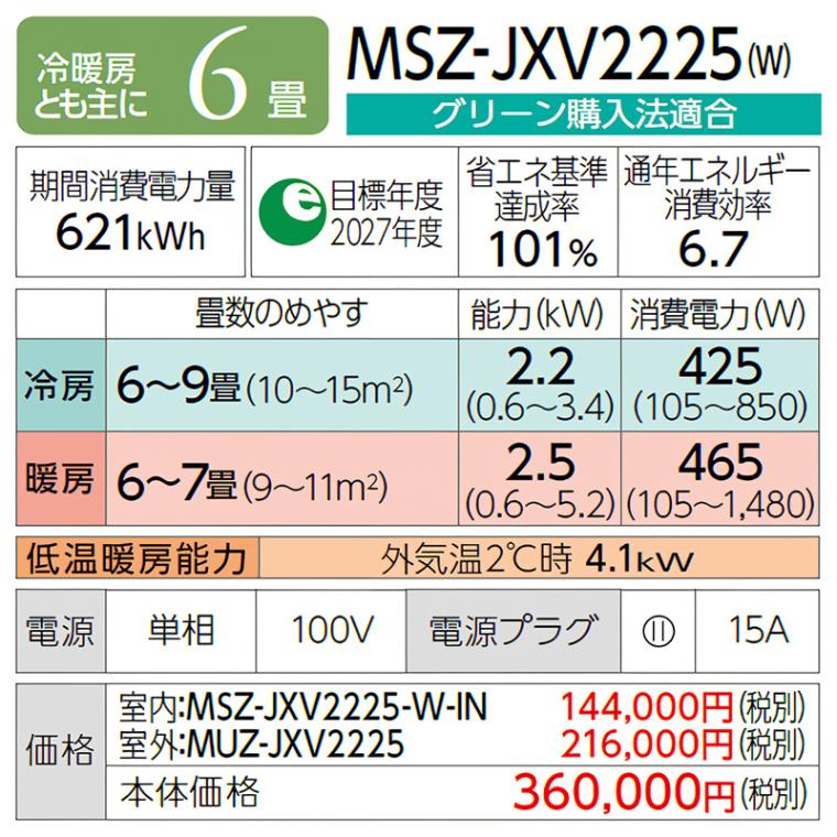 エアコン 主に6畳 三菱電機 霧ヶ峰 2025年モデル JXVシリーズ ピュア