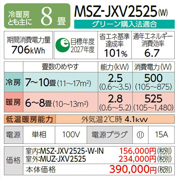 エアコン 主に8畳 三菱電機 霧ヶ峰 2025年モデル JXVシリーズ ピュア