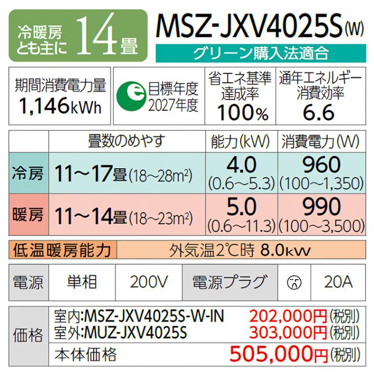 エアコン 主に14畳 三菱電機 霧ヶ峰 2025年モデル JXVシリーズ ピュア