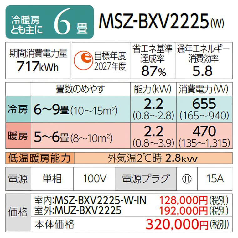 エアコン 主に6畳 三菱電機 霧ヶ峰 2025年モデル BXVシリーズ ピュア