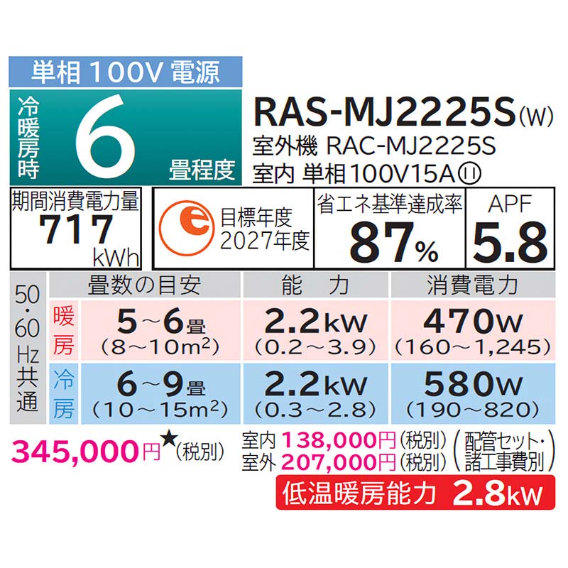 東京 神奈川地域限定 標準取付工事費込 エアコン同配 6畳用 日立 白く
