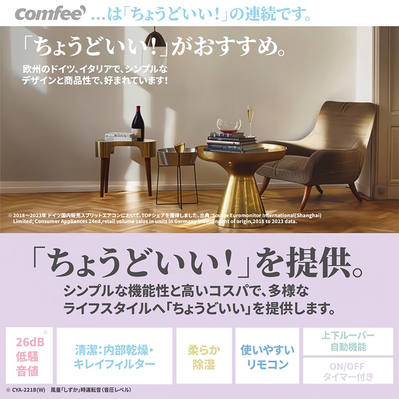 【2025年モデル】Comfee CYA-221B(W) エアコン 主に6畳用 エアコン 6畳用 Comfee' 2025年モデル ホワイト クーラー 除湿