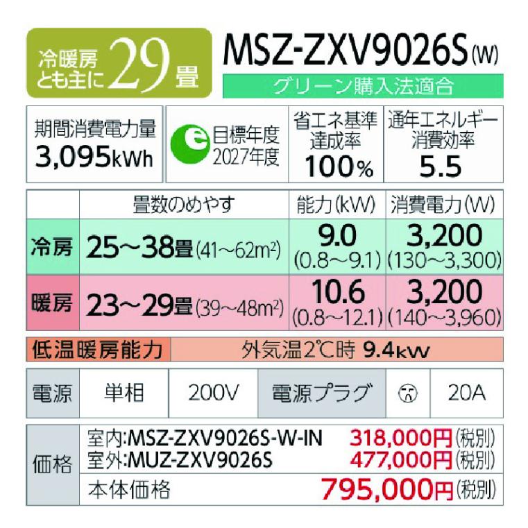 エアコン 29畳用 三菱電機 霧ヶ峰 2026年モデル Zシリーズ ピュア