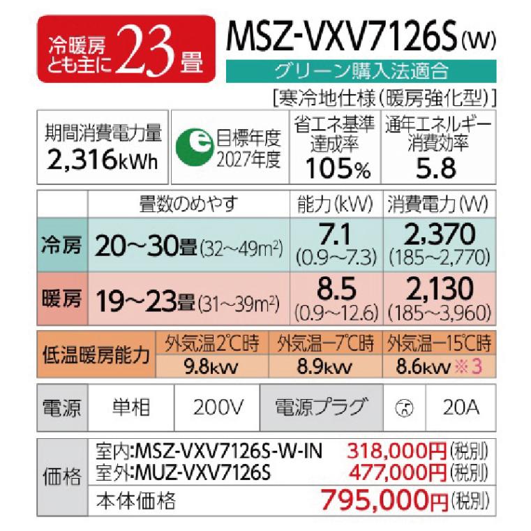 エアコン 23畳用 三菱電機 霧ヶ峰 2026年モデル VXVシリーズ ピュア