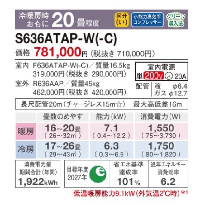 東京 神奈川地域限定 標準取付工事費込 エアコン同配 20畳用 ダイキン