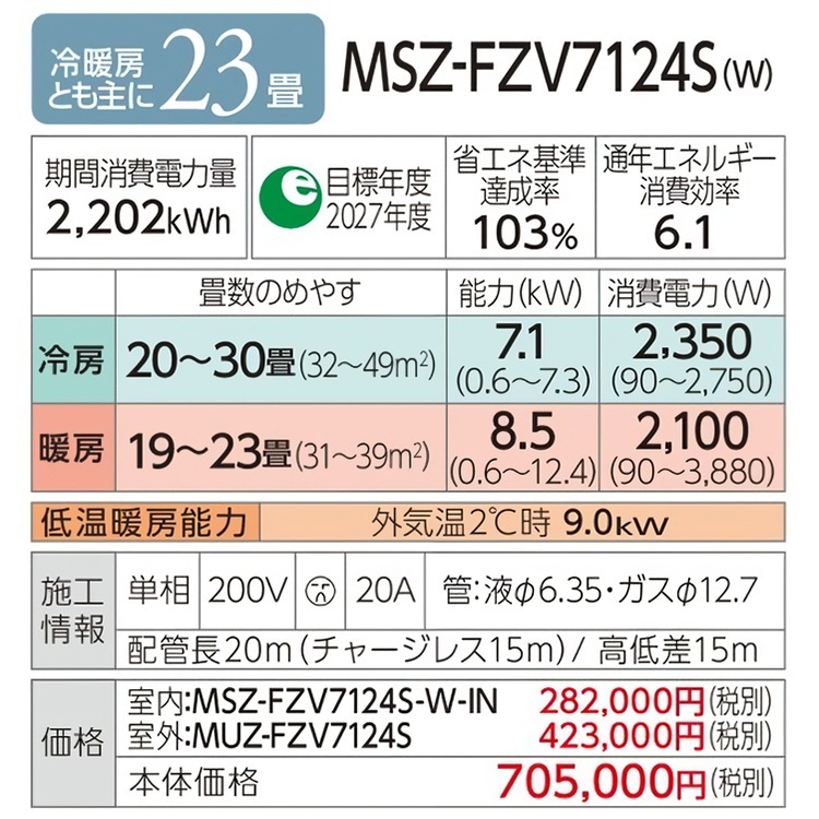 エアコン 主に23畳 三菱電機 2024年 モデル FZシリーズ ホワイト 日本