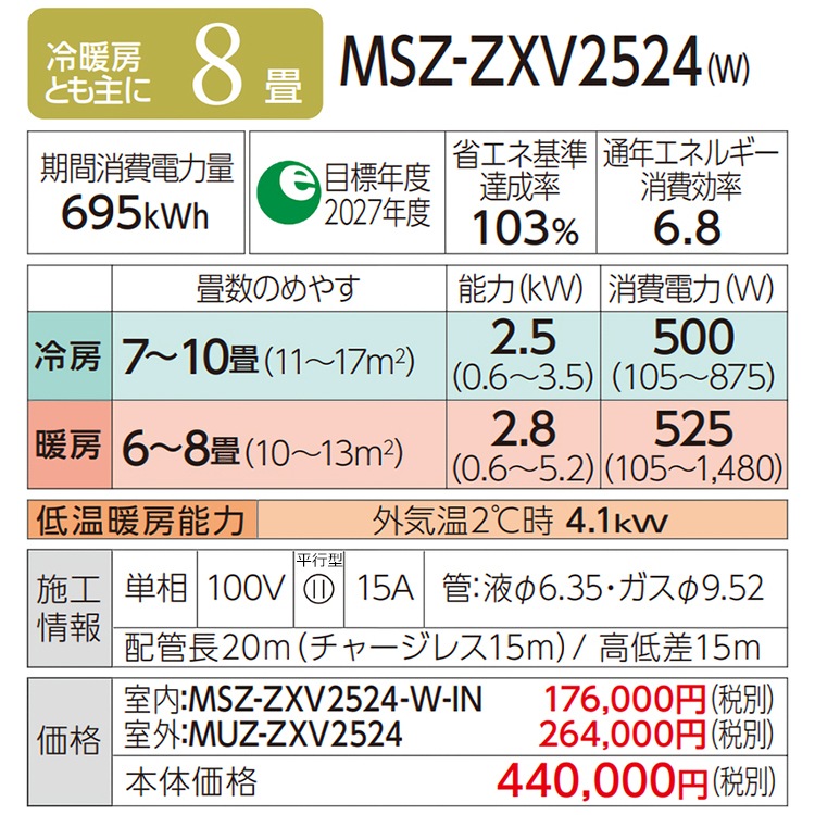  8 ɩŵ ̸ 2024ǯ ǥ Z꡼ ۥ磻 ƥå ñ100V MSZ-ZXV2524-W