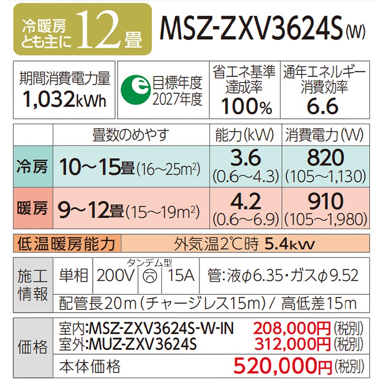  12 ɩŵ ̸ 2024ǯ ǥ Z꡼ ۥ磻 ƥå ñ200V MSZ-ZXV3624S-W