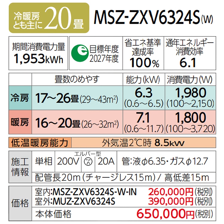  20 ɩŵ ̸ 2024ǯ ǥ Z꡼ ۥ磻 ƥå ñ 200V MSZ-ZXV6324S-W