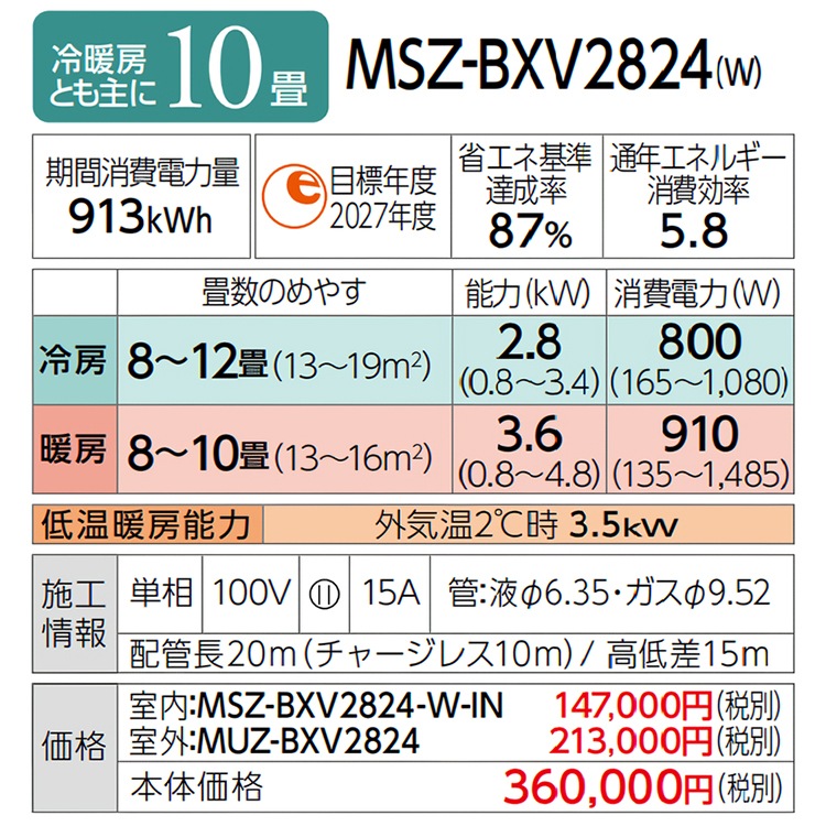 エアコン おもに10畳 三菱電機 BXVシリーズ 2024年モデル ムーブアイ
