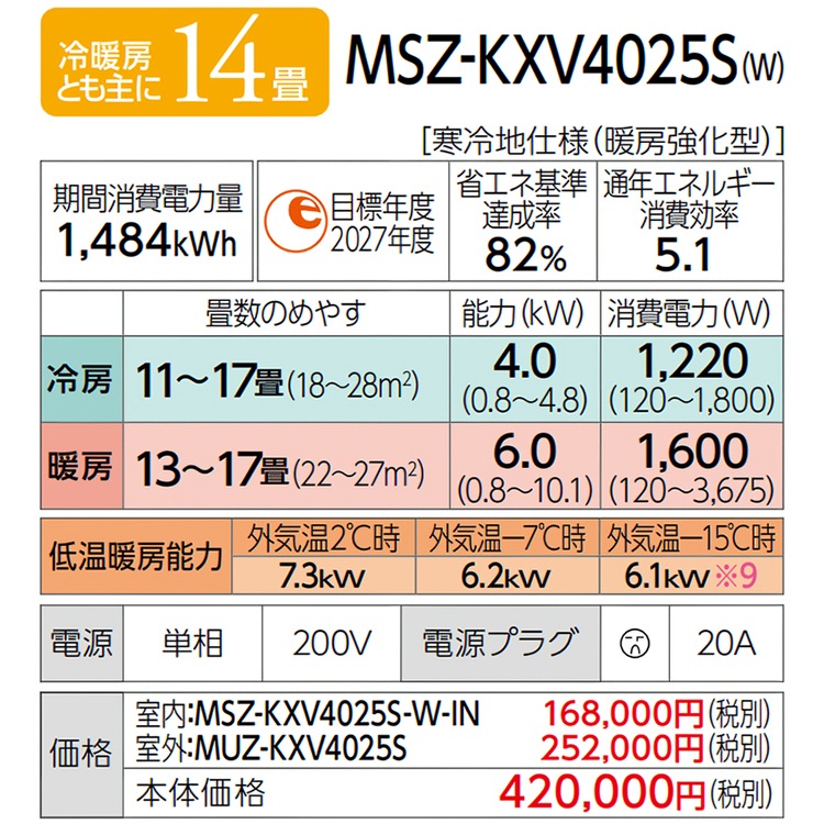 4300/予約済み エアコン 主に14畳用 三菱電機 ズバ暖霧ヶ峰 KXVシリーズ 2025年モデル