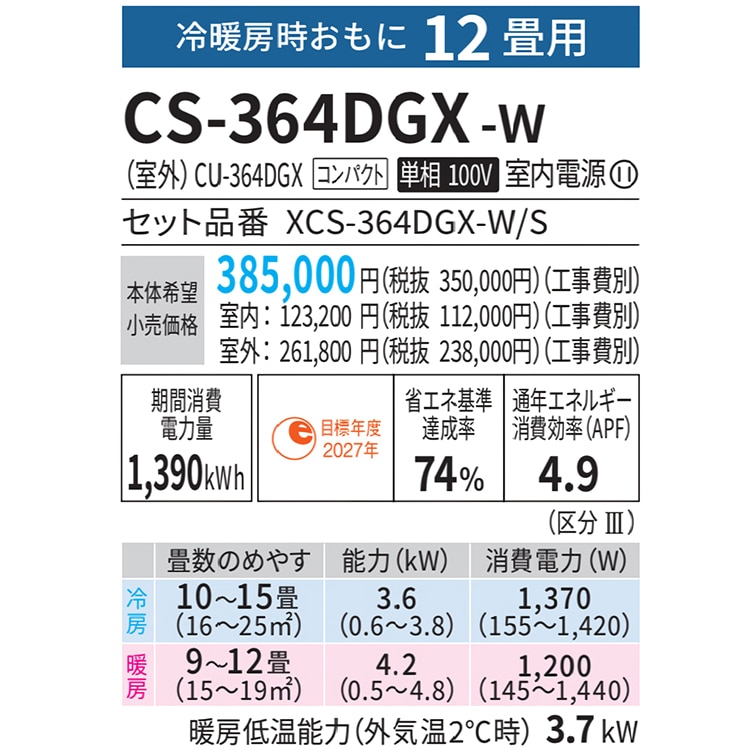 パナソニック エオリア CS-362DJ2 200V 12畳 2022年製 エオリア 2025年