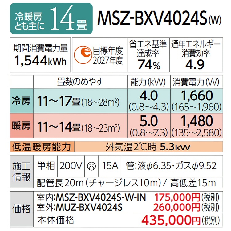 エアコン おもに14畳 三菱電機 BXVシリーズ 2024年モデル ムーブアイ