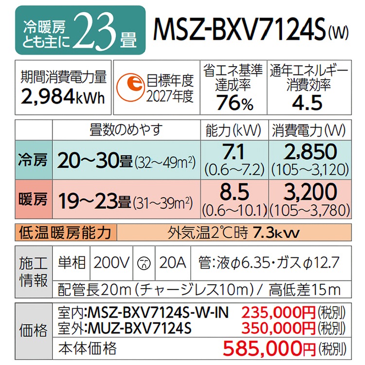 エアコン おもに23畳 三菱電機 BXVシリーズ 2024年モデル ムーブアイ