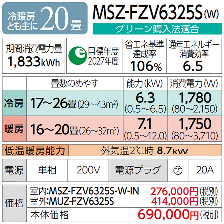 エアコン おもに20畳 三菱電機 FZVシリーズ 霧ヶ峰 2025年モデル 自動